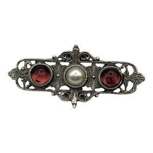 Victorian Cabochon Bar Brooch Pin Filigree Metalwork Vintage Art Nouveau Jewelry